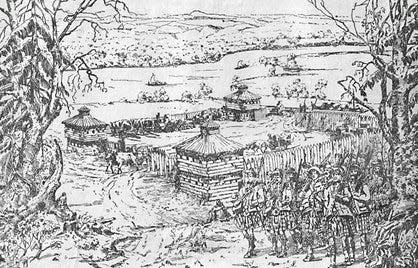 This is an artist’s conception of Fort Schuyler drawn in 1760, two years after it was built by the British just east of today’s Union Station in Utica. The French and Indian War was raging at the time, and Col. Peter Schuyler built the fort to protect a nearby fording place in the Mohawk River. This sketch shows Maj. Gen. Jeffrey Amherst (lower right) leading 4,000 British regulars, 6,000 provincial soldiers and 600 Native Americans by the fort on their way to Oswego and then Montreal. During the Revolutionary War, the fort was controlled by the American Continental Army. When the Americans renamed Fort Stanwix (today’s Rome) as Fort Schuyler, the fort shown here became known as Old Fort Schuyler. Today, its site is preserved and maintained by Oneida County and County Historian Joe Bottini. (O-D FILE PHOTO)