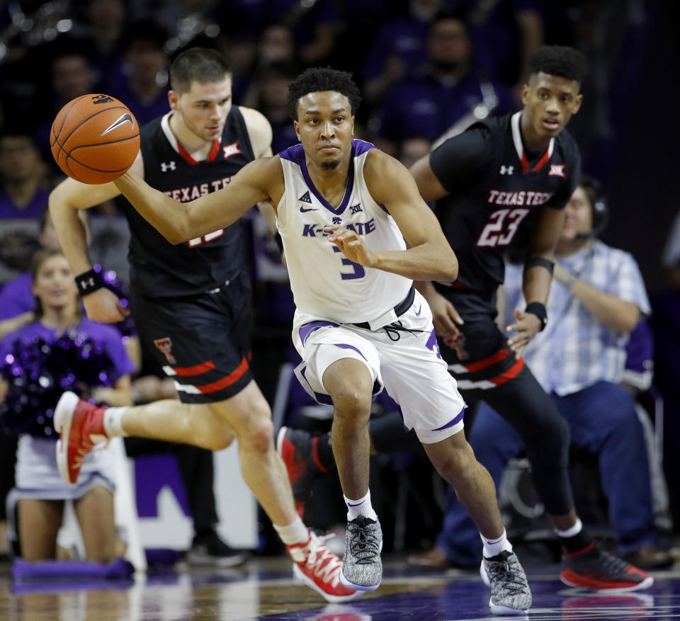 Kansas State's Kamau Stokes (3) drives with the ball during the second half of the NCAA college basketball game against Texas Tech Tuesday, Jan. 22, 2019, in Manhattan, Kan. Kansas State won 58-45. (AP Photo/Charlie Riedel)