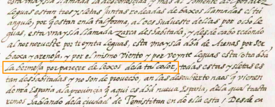 Mención a Isla Bermeja en el Islario general de todas las islas del mundo, publicado en 1535 por el cosmógrafo sevillano Alonso de Santa Cruz. (Captura de pantalla del documento digitalizado).