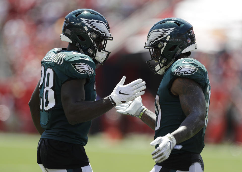 Philadelphia Eagles running backs Wendell Smallwood (left) and Corey Clement (right) are priority pickups with Jay Ajayi suffering a season-ending injury. (AP Photo/Chris O’Meara)