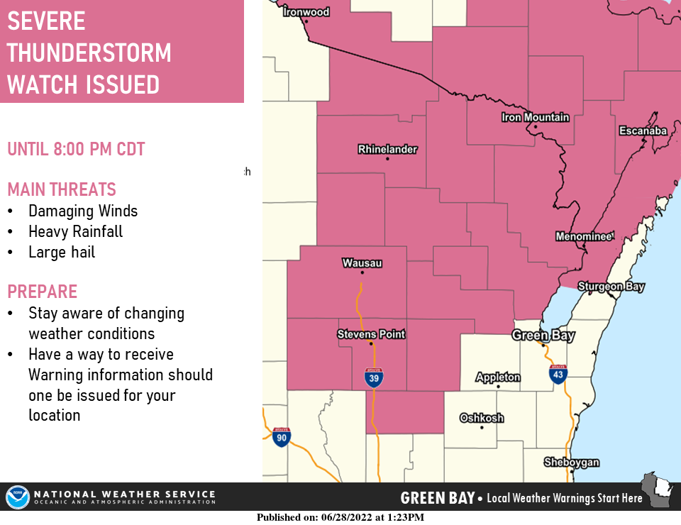 A severe thunderstorm watch is in effect until 8 p.m. Tuesday.