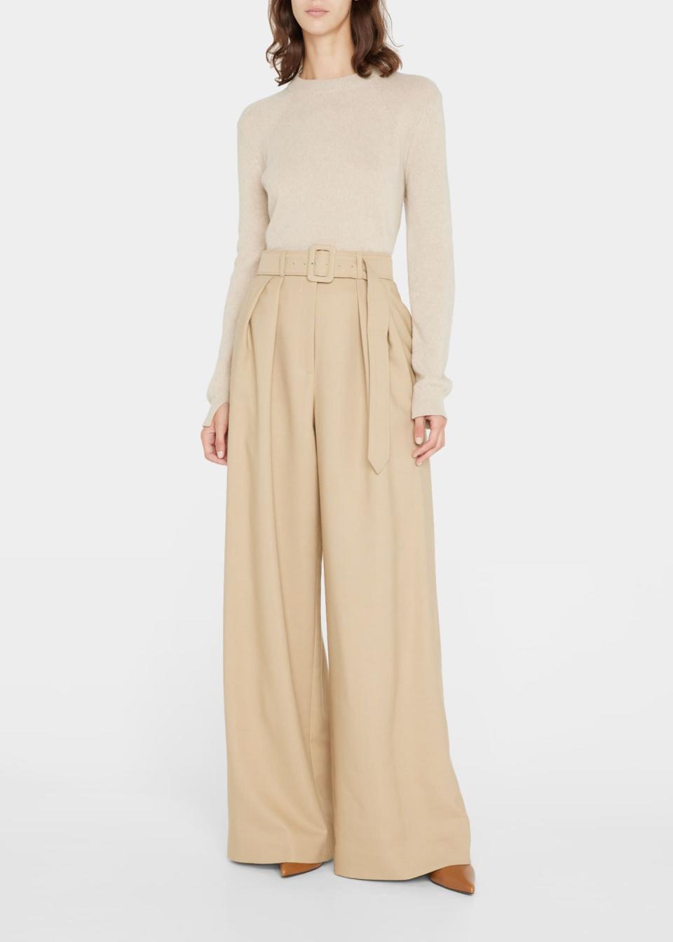 7) Pleated Wide-Leg Wool Trousers with Belt