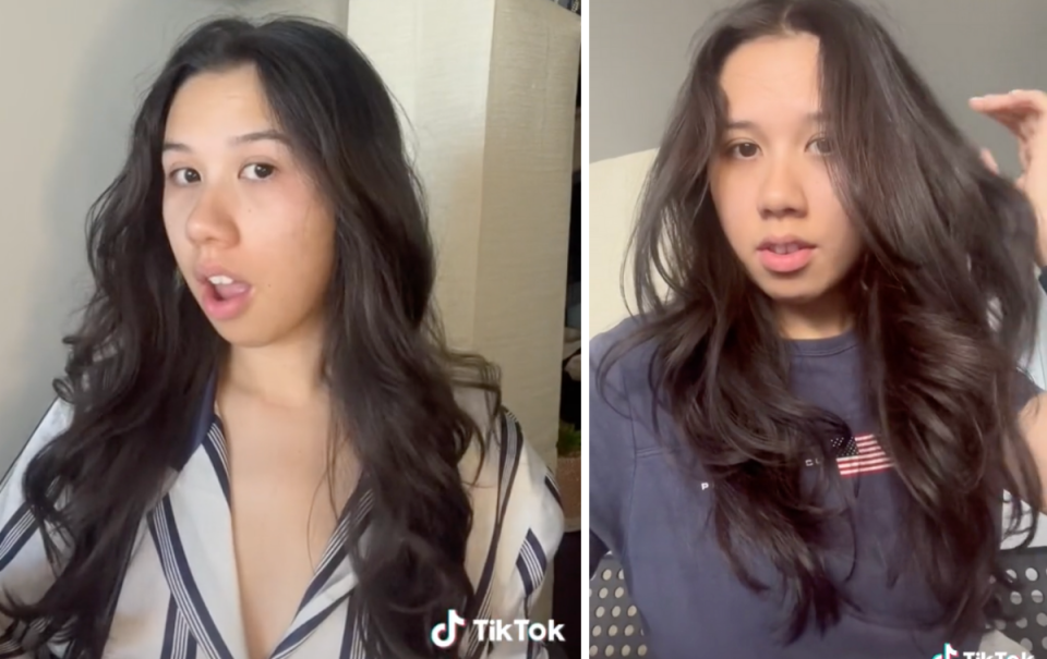 Woman with long dark hair shows off the curls she was left with after removing the Kmart hair roller