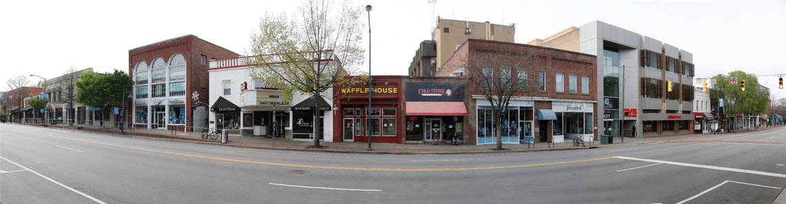 In the five-o’clock hour on Monday, March 30, 2020, the 100 block of East Franklin Street in Chapel Hill, N.C. is completely deserted as North Carolina’s stay-at-home order takes effect to stop the spread of the COVID-19 virus.