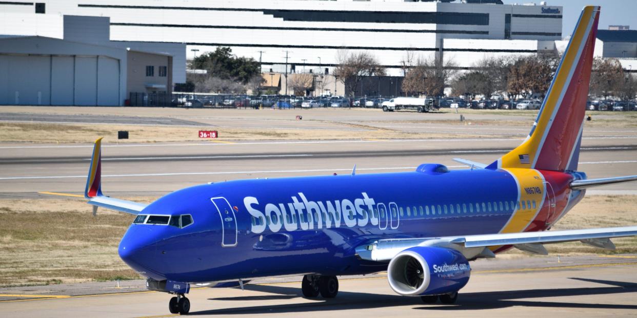 Southwest Airlines plane on the runway at Love Field in Dallas, TX