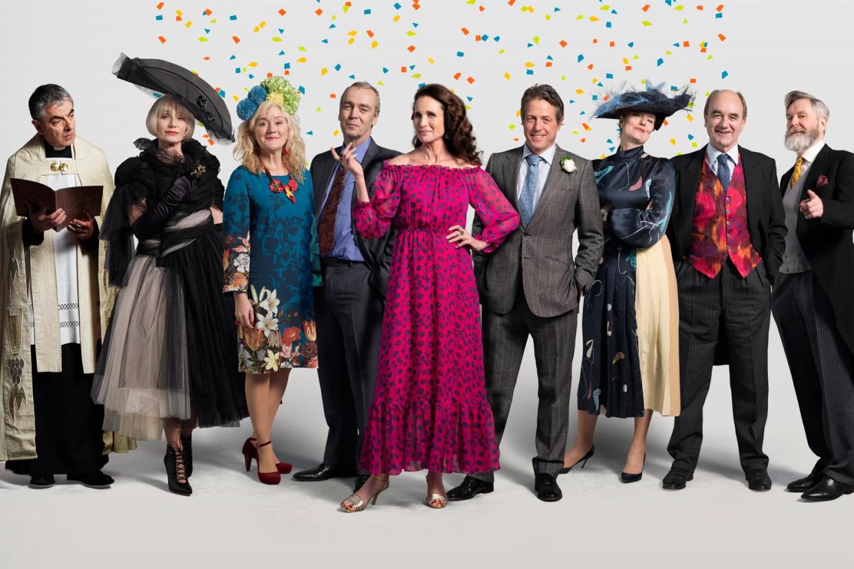 <span>Rowan Atkinson as Father Gerald, Kristin Scott Thomas as Fiona, Sophie Thompson as Lydia, John Hannah as Matthew, Andie MacDowell as Carrie, Hugh Grant as Charles, Anna Chancellor as Henrietta, David Haig as Bernard, James Fleet as Tom (Photo: NBCUniversal/Greg Williams)</span>