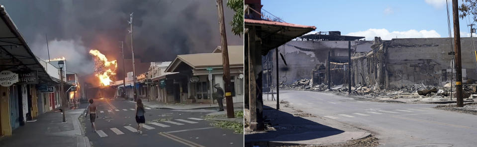 This photo combo shows from left, Front Street in Downtown Lahaina, Hawaii on Tuesday, Aug. 9, 2023 and Saturday, Aug. 12, 2023. Authorities are warning that the effort to find and identify the dead in the Maui wildfire is just beginning. The blaze that razed a historic town is already the deadliest U.S. wildfire in more than a century.(AP Photo/File)