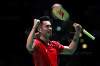 Badminton - Yonex All England Open Badminton Championships - Arena Birmingham, Birmingham, Britain - March 16, 2018 China's Lin Dan celebrates victory in the men's singles quarter final Action Images via Reuters/Peter Cziborra