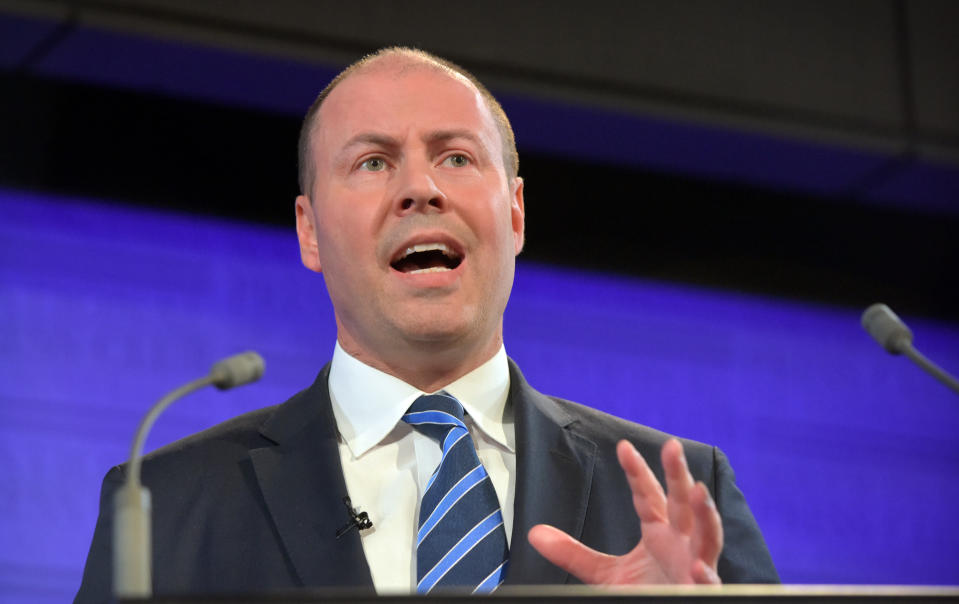 Treasurer Josh Frydenberg, speaks during a debate against Chris Bowen, not pictured, at the  Press Club in Canberra. Image: Bloomberg