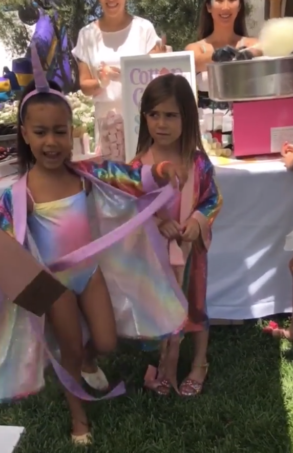 The birthday girls in their sparkly robes. (Photo: Kim Kardashian via Instagram Stories)