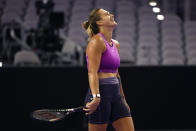 Aryna Sabalenka, of Belarus, reacts during practice at the WTA Finals tennis tournament in Fort Worth, Texas, Saturday, Oct. 29, 2022. (AP Photo/Ron Jenkins)