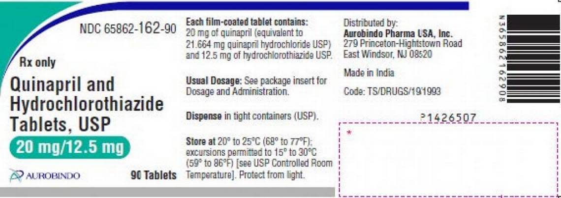 The label on the recalled bottles of Quinapril and Hydrochlorothiazide tablets