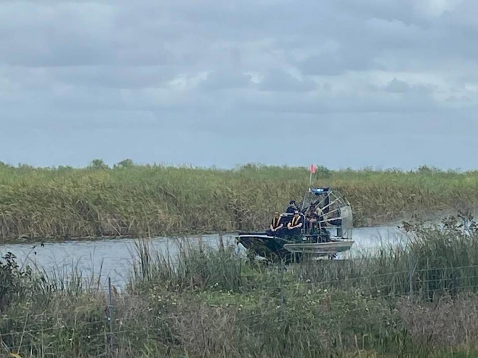 Broward Sheriff’s Office deputies travel on an airboat after a single-engine plane crashed off Interstate 75 (Alligator Alley) in the Everglades on Wednesday, Jan. 24, 2024. Two people were killed, according to the Broward Sheriff Fire Rescue.
