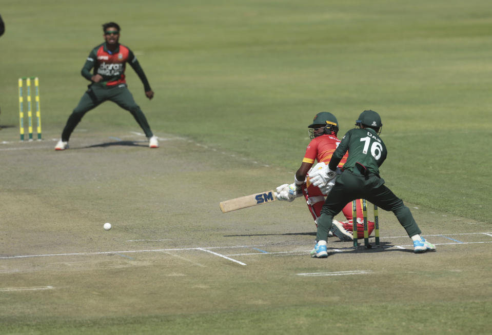 Zimbabwe batsman Dion Myers plays a shot, during the second One Day International series cricket match between Zimbabwe and Bangladesh, at Harare Sports Club, in Harare, Sunday, July 18, 2021. (AP Photo/Tsvangirayi Mukwazhi)