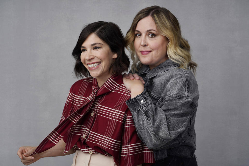 Carrie Brownstein, left, and Corin Tucker of the band Sleater-Kinney pose for a portrait in Los Angeles on Monday, Sept. 25, 2023, to promote their album "Little Rope." (AP Photo/Chris Pizzello)