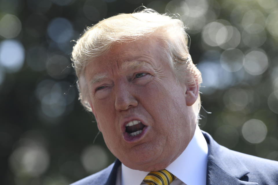 President Donald Trump speaks to reporters on the South Lawn of the White House in Washington, Saturday, June 22, 2019, before boarding Marine One for the trip to Camp David in Maryland. (AP Photo/Susan Walsh)