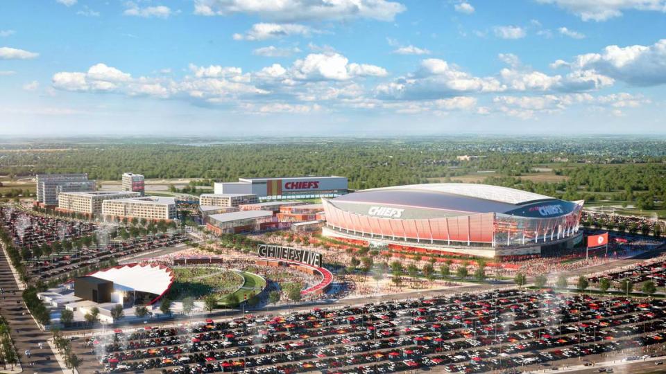 Here’s a rendering showing the concept of what a new domed stadium for the Kansas City Chiefs might look like at the interchange of Interstates 70 and 435 in Kansas City, Kansas.