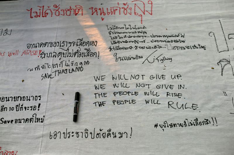 Protest against court's decision that dissolved Future Forward party at Thammasat University in Bangkok