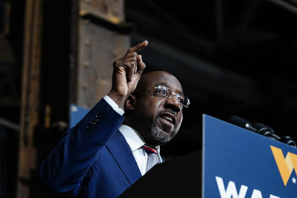 Sen. Raphael Warnock, D-Ga., speaks during a rally on Thursday, Dec. 1, 2022, in Atlanta. Warnock is running against Republican Herschel Walker in a runoff election.(AP Photo/Brynn Anderson)