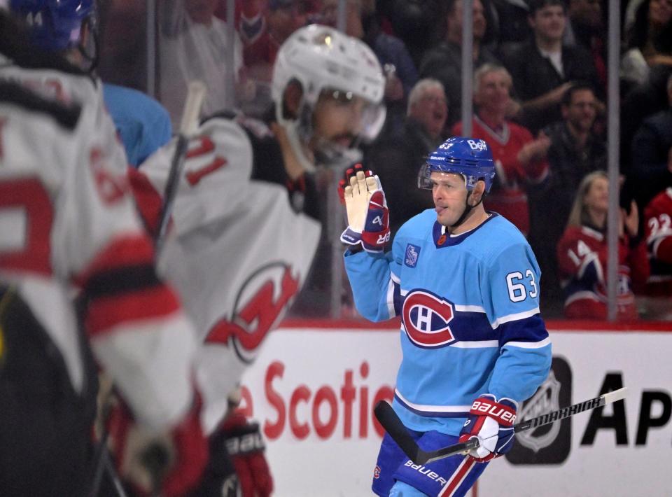 Montreal Canadiens forward Evgenii Dadonov (63) celebrates after scoring a goal against the New Jersey Devils during the second period at the Bell Centre.