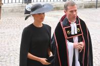 <p>Britain's Meghan, Duchess of Sussex arrives at Westminster Abbey in London on September 19, 2022, for the State Funeral Service for Britain's Queen Elizabeth II. - Leaders from around the world will attend the state funeral of Queen Elizabeth II. The country's longest-serving monarch, who died aged 96 after 70 years on the throne, will be honoured with a state funeral on Monday morning at Westminster Abbey. (Photo by Geoff PUGH / POOL / AFP) (Photo by GEOFF PUGH/POOL/AFP via Getty Images)</p> 