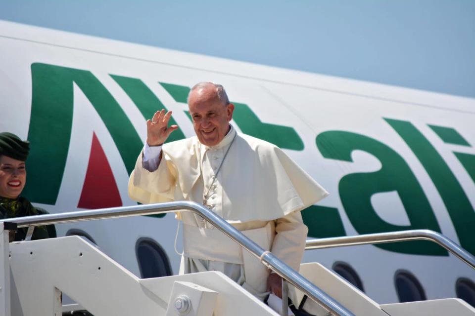 Pope Francis waves as he boards a plane for the World Youth Day 2016 in Krakow, Poland, from Fiumicino Airport in Rome, Italy, 27 July 2016 (EPA/TELENEWS)