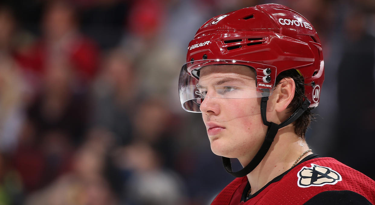 Barrett Hayton left his helmet on during the Russian national anthem at the IIHF World Junior Championship. (Getty Images)