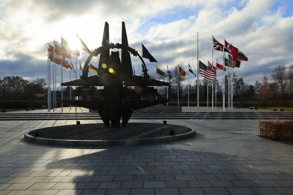 NATO country members flags wave at NATO headquarters in Brussels, Tuesday, Nov. 28, 2023. US flag is half staff in memory of former US first lady Rosalynn Carter. (AP Photo/Geert Vanden Wijngaert)
