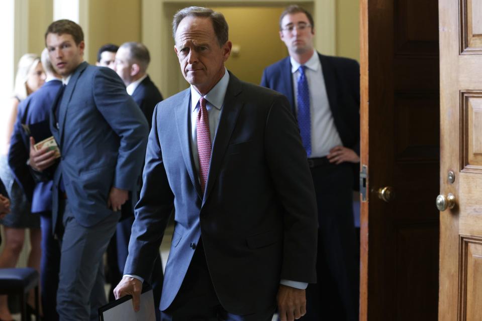 Sen. Pat Toomey, R-Pa., leaves after a Senate Republican luncheon at the U.S. Capitol on July 28, 2021 in Washington, D.C.