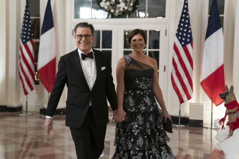 Stephen Colbert and Evelyn McGee-Colbert arrive to attend a State Dinner in 2022. File Photo by Sarah Silbiger/UPI