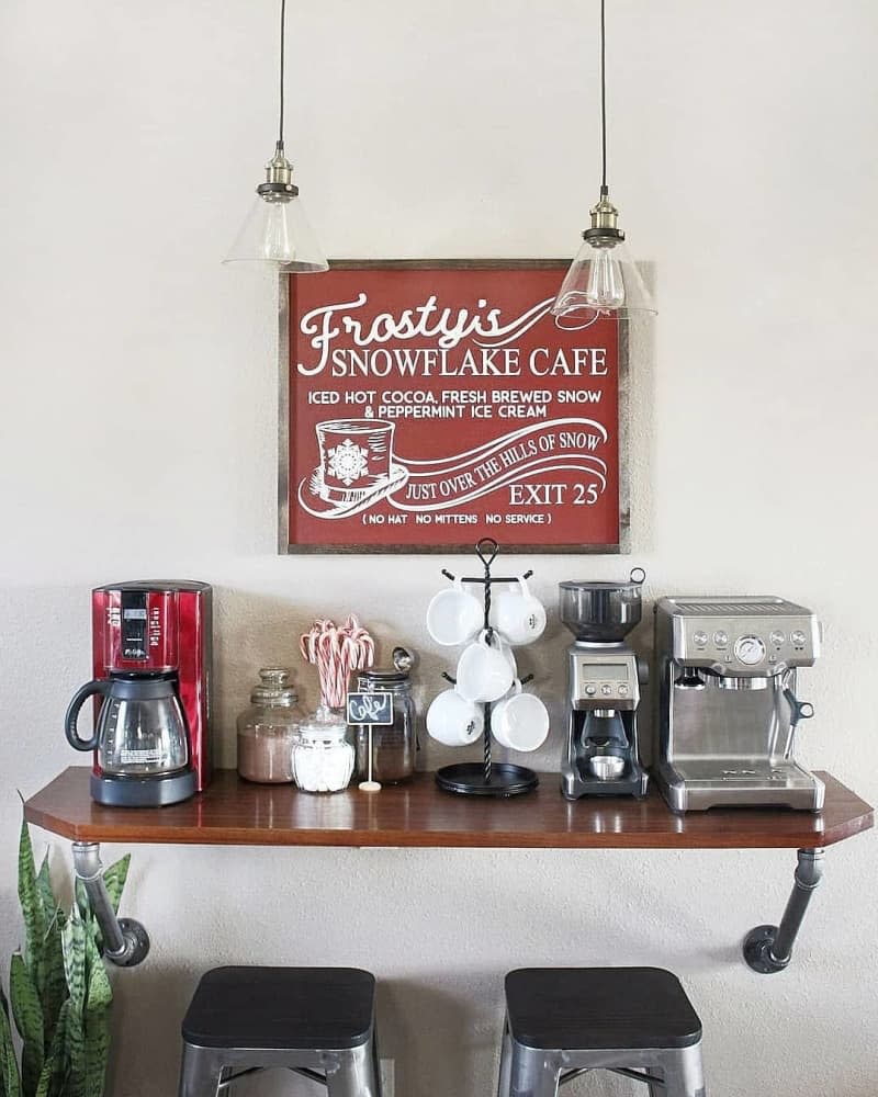 coffee bar on wall-mounted shelf