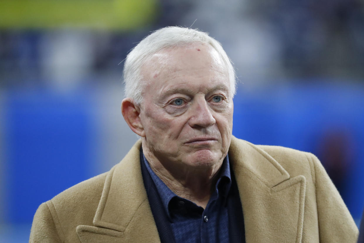 FILE - In this Nov. 17, 2019, file photo, Dallas Cowboys owner and general manager Jerry Jones waits for the team's NFL football game against the Detroit Lions in Detroit. The NFL Draft is April 23-25. (AP Photo/Paul Sancya, File)
