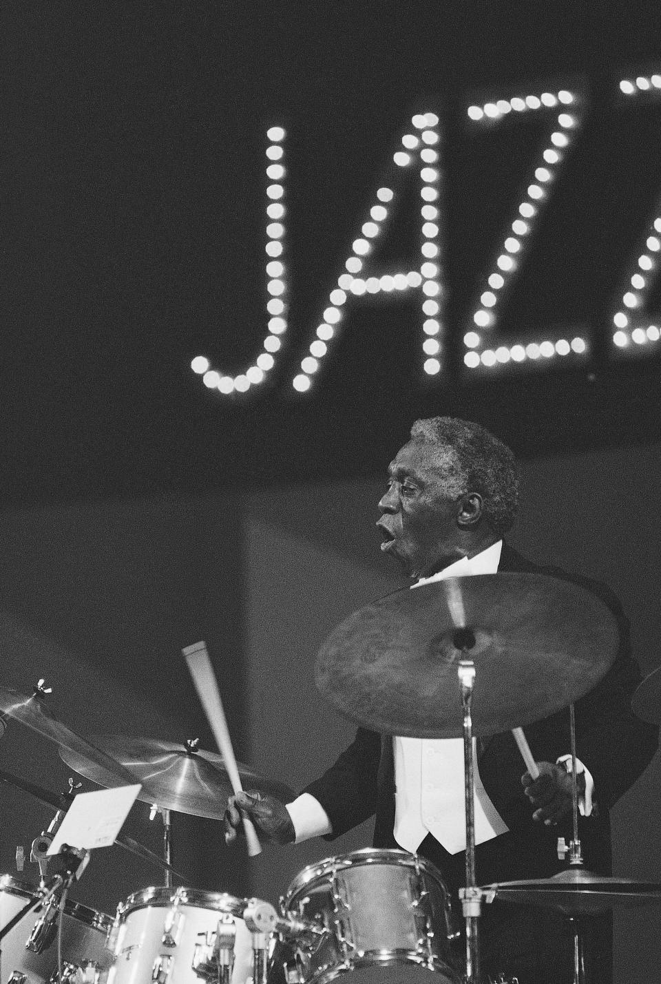 Drummer Art Blakey performs on opening night of the Kool Jazz Festival at Carnegie Hall Friday, June 27, 1981. His group is called The Jazz Messengers.