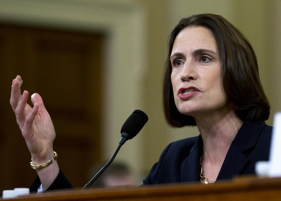 FILE - In this Nov. 21, 2019, file photo, fFormer White House national security aide Fiona Hill, testifies before the House Intelligence Committee on Capitol Hill in Washington. (AP Photo/Jose Luis Magana, File)