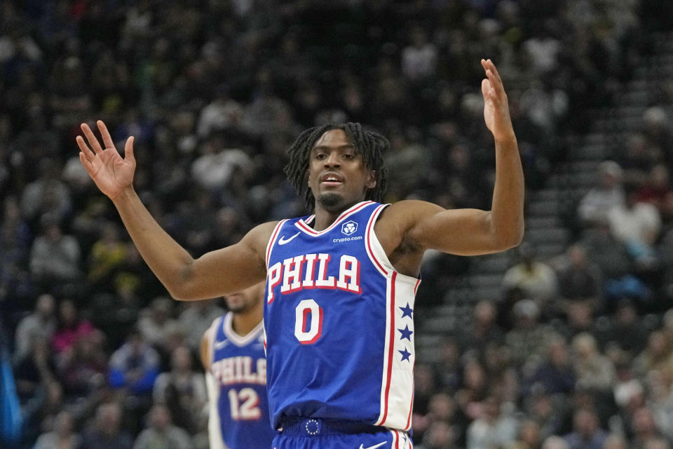 Philadelphia 76ers guard Tyrese Maxey (0) reacts after scoring against the Utah Jazz during the first half of an NBA basketball game Thursday, Feb. 1, 2024, in Salt Lake City. (AP Photo/Rick Bowmer)