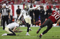 New Orleans Saints' Brett Maher kicks a 42-yard field goal against the Tampa Bay Buccaneers during the second half of an NFL football game Sunday, Dec. 19, 2021, in Tampa, Fla. (AP Photo/Mark LoMoglio)