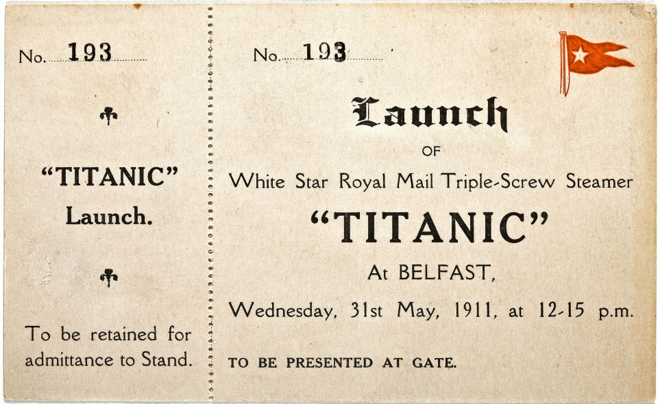 In this Jan. 31, 2012 photo provided by Bonhams auction house, a ticket to the May 31, 1911 launch of the R.M.S. Titanic is shown. The ticket will be among the Titanic related artifacts be put up on the block by Bonhams during their “R.M.S. Titanic: 100 Years of Fact and Fiction” auction in New York on Sunday, April 15, 2012. (AP Photo/Bonhams Auction House)