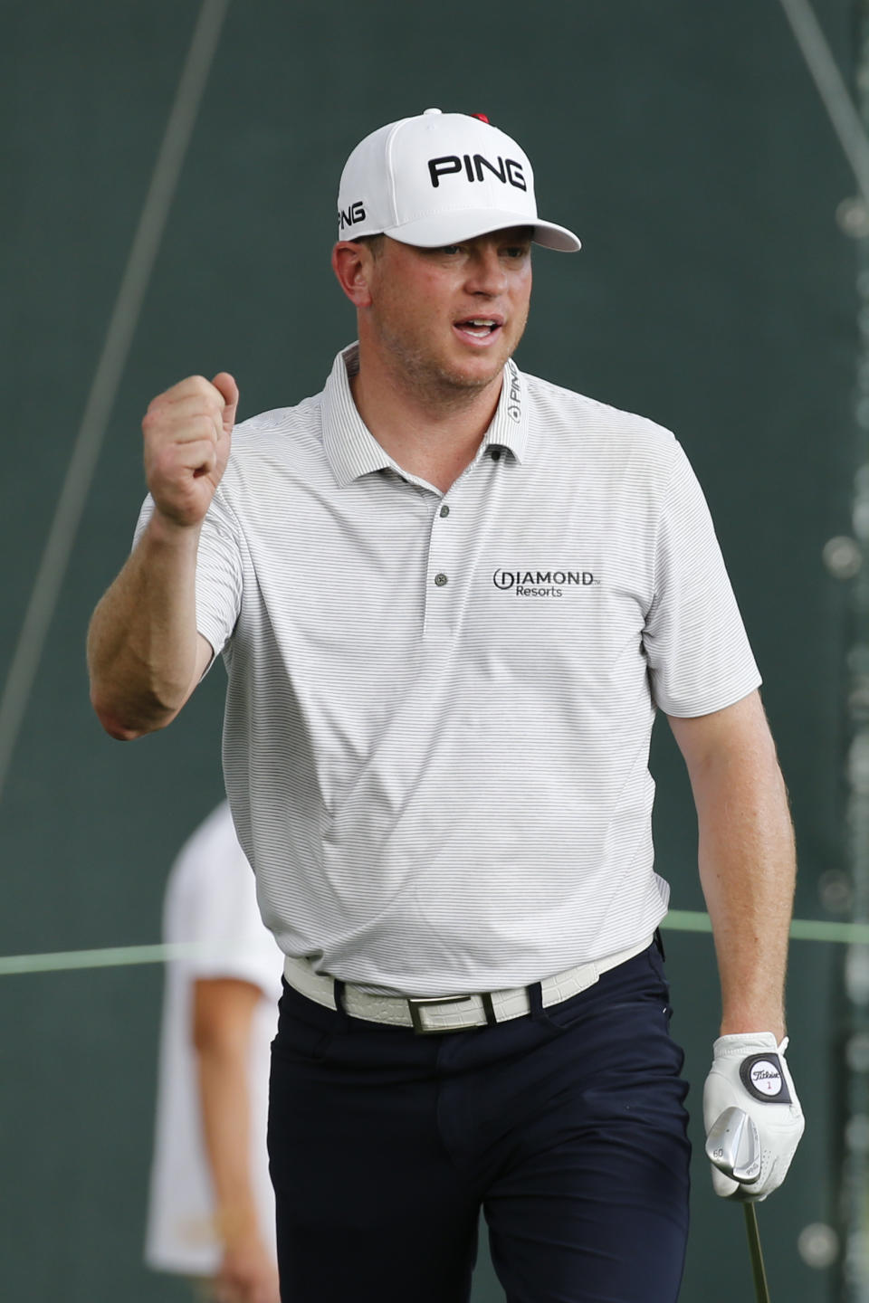 CORRECTS TO EAGLE, INSTEAD OF BIRDIE, CHIP - Nate Lashley reacts to an eagle chip on the 17th green during the third round of A Military Tribute at The Greenbrier golf tournament in White Sulphur Springs, W.Va., Saturday, Sept. 14, 2019. Lashley scored an eagle on the hole. (AP Photo/Steve Helber)