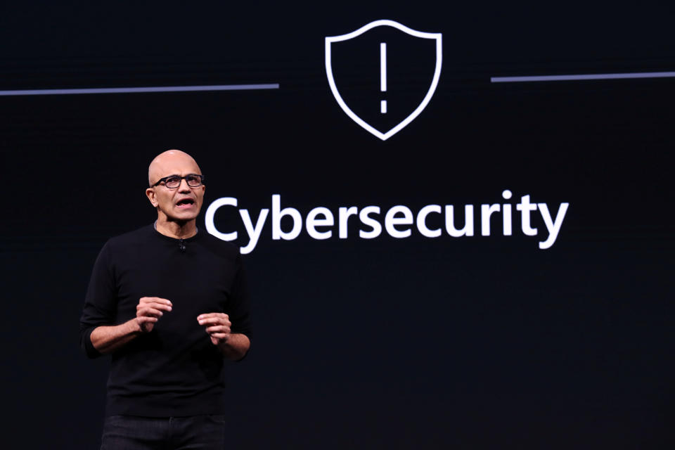 Microsoft CEO Satya Nadella speaks during a device-launching event ahead of the Mobile World Congress in Barcelona, Spain February 24, 2019. REUTERS/Sergio Perez