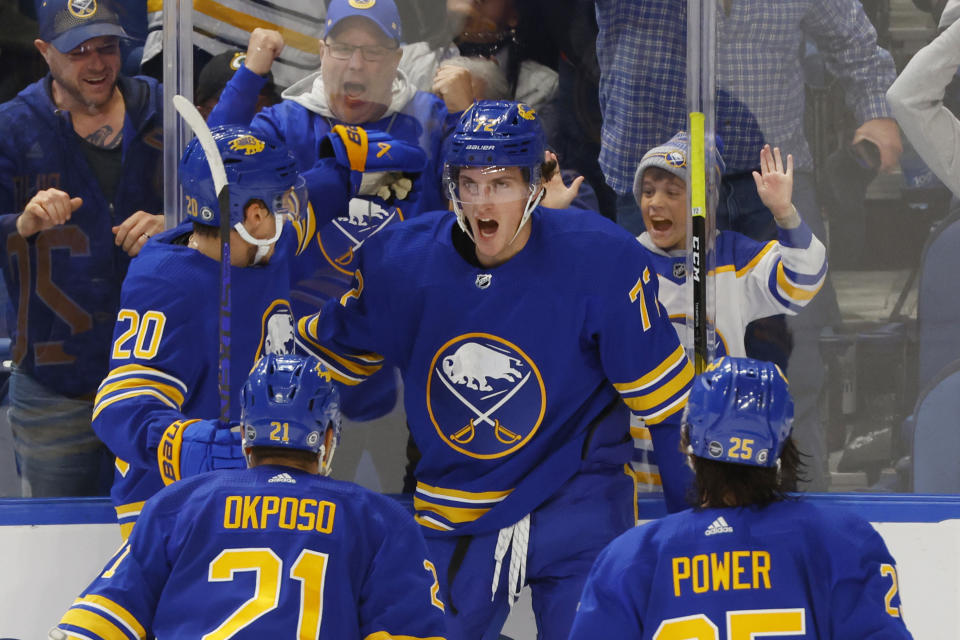 Buffalo Sabres right wing Tage Thompson (72) celebrates his goal with teammates during the third period of an NHL hockey game against the Chicago Blackhawks, Saturday, Oct. 29, 2022, in Buffalo, N.Y. (AP Photo/Jeffrey T. Barnes)