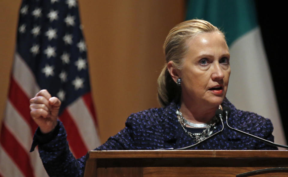 Secretary of State Hillary Rodham Clinton gestures as she gives a speech: "Frontlines and Frontiers: Making Human Rights a Human Reality," Thursday, Dec. 6, 2012, at Dublin City University in Dublin, Ireland. 