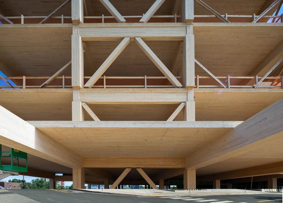 Close-up view of the cross-laminated timber (CLT) beams comprising the new Apex Plaza building in Charlottesville, VA.