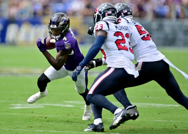 Baltimore Ravens wide receiver Zay Flowers (L) is a WR2 in Week 5. File Photo by David Tulis/UPI