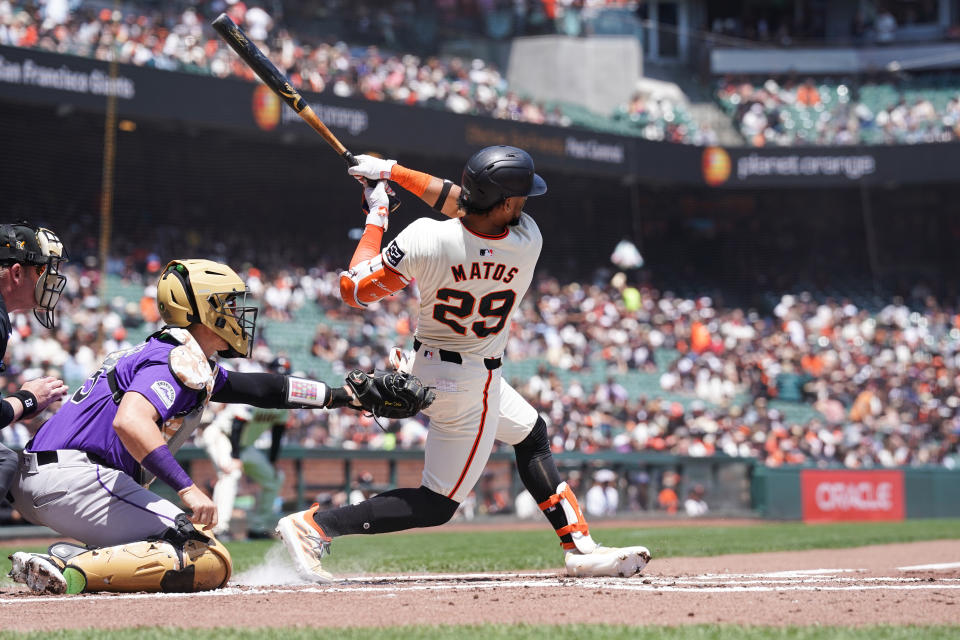 Giants outfielder Luis Matos has been one of fantasy baseball's most popular adds following a huge weekend against the Rockies. (Photo by Kavin Mistry/Getty Images)