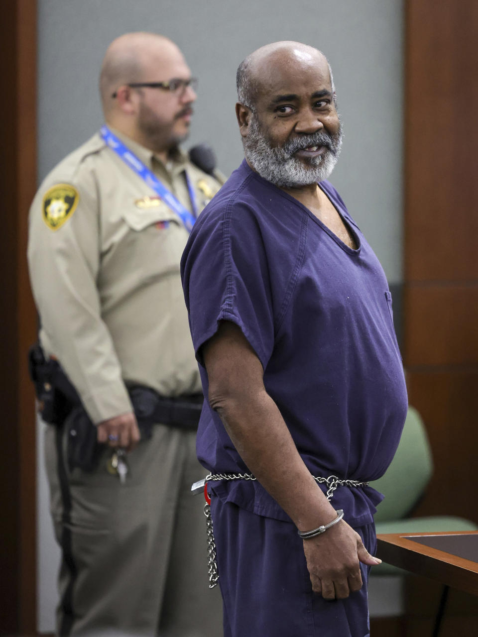 Duane Keith “Keffe D” Davis appears for his arraignment at the Regional Justice Center, Thursday, Nov. 2, 2023, in Las Vegas. Davis, a former Southern California street gang leader, pleaded not guilty Thursday to orchestrating a drive-by shooting that killed Tupac Shakur in 1996 in Las Vegas. (Ethan Miller/Pool Photo via AP)