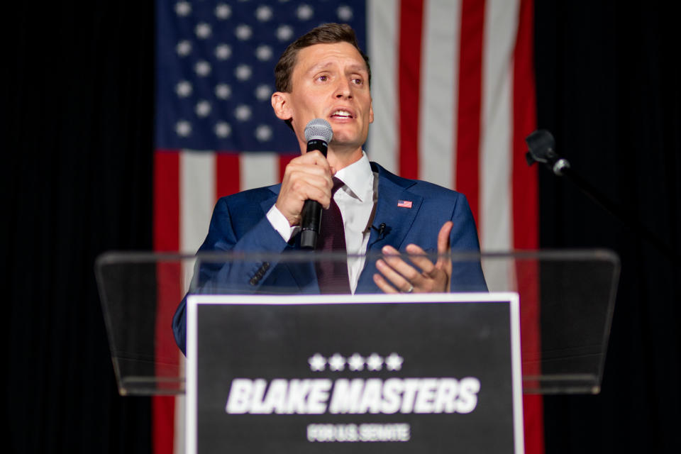 Republican U.S. senatorial candidate Blake Masters speaks during his election night watch party on August 02, 2022 in Chandler, Arizona.  / Credit: BRANDON BELL / Getty Images