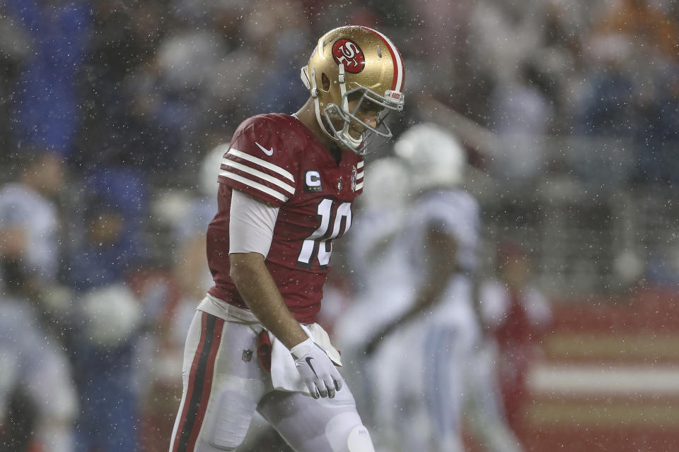 San Francisco 49ers quarterback Jimmy Garoppolo (10) walks off the field during the second half of an NFL football game against the Indianapolis Colts in Santa Clara, Calif., Sunday, Oct. 24, 2021. (AP Photo/Jed Jacobsohn)