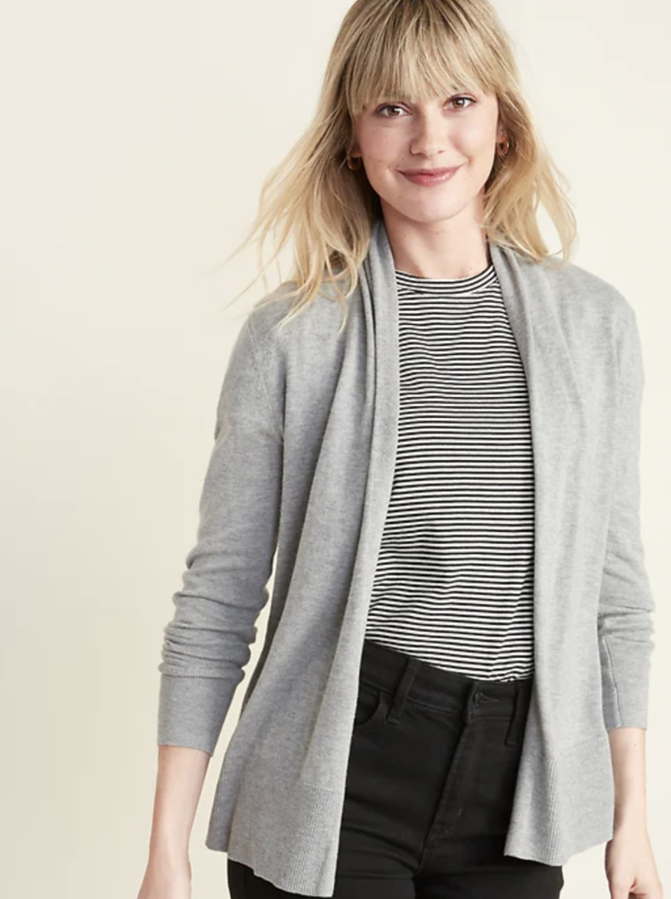 Short Shawl-Collar Open-Front Sweater in Light Gray Heather(Photo via Old Navy)