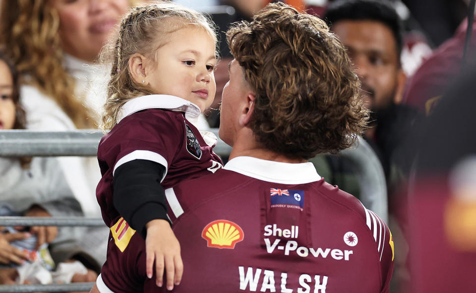 Reece Walsh and daughter Leila after State of Origin 1.