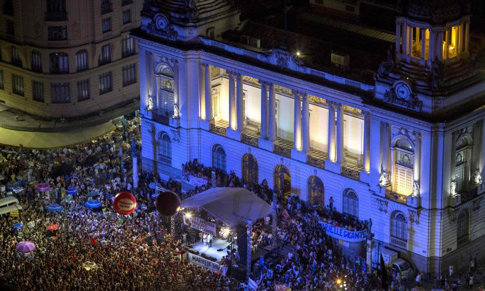 Protesters attend a demonstration against the murder of Brazilian councilwoman and activist Marielle Franco in front of Rio’s Municipal Chamber on 20 March 20.